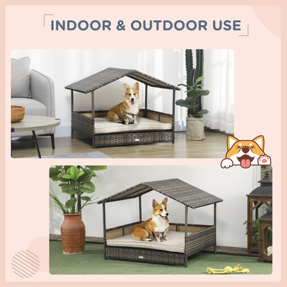 PawHut Wicker Dog House with Removable Cushion Lounge, Khaki