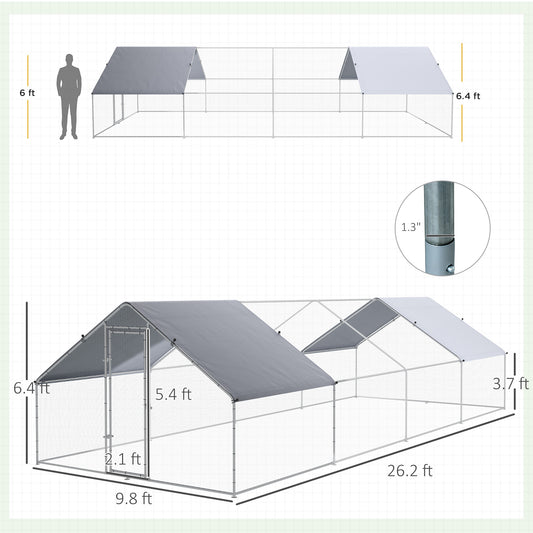PawHut Large Chicken Coop Metal Chicken Run with Waterproof and Anti-UV Cover, Spire Shaped Walk in Fence Cage Hen House for Outdoor and Yard Farm Use, 1.3" Tube Diameter, 9.8' x 26.2' x 6.4'