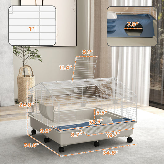 PawHut Rolling Small Animal Cage w/Water Bottle, Hay Feeder & Food Dish