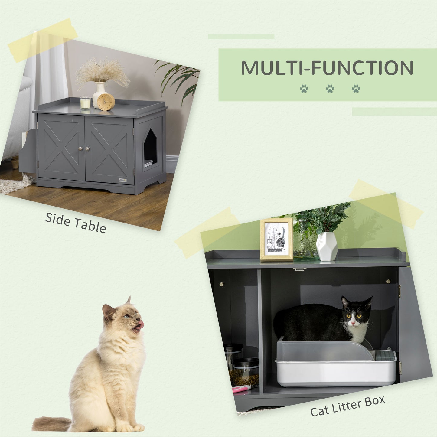 PawHut Wide & Large Cat Litter Box Furniture Hidden Farmhouse Table with Magnetic Doors, Big Covered Kitty Litter Box Enclosure Cabinet with Shelves, Pet Furniture Cat Gift Side Table, Gray