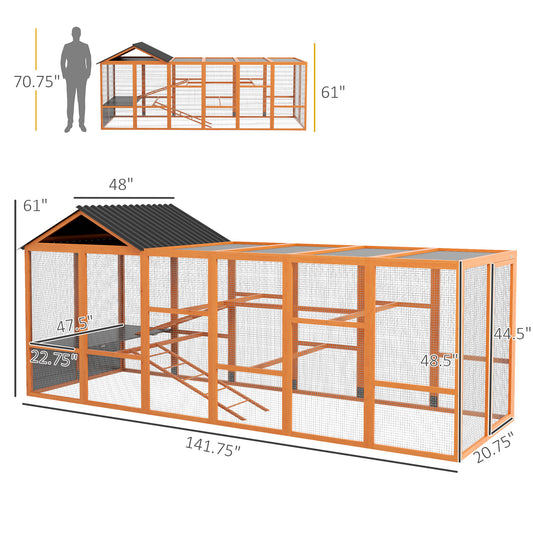 PawHut Wooden Chicken Coop Run for 6 - 10 Chickens, Hen House Add-On with Storage, Perches, 141.75" x 48" x 61", Orange
