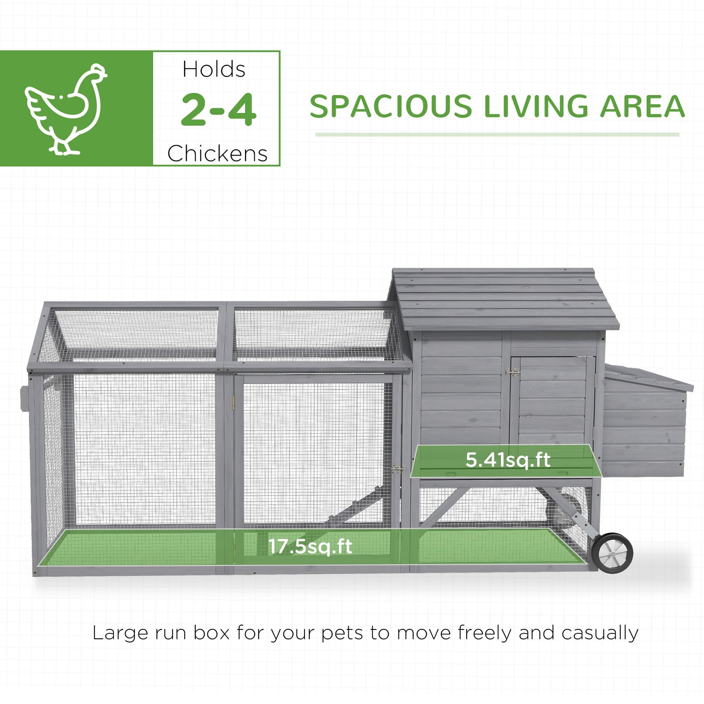 PawHut 96.5" Chicken Coop Wooden Hen House Poultry Cage Pen Portable with Wheels and Nesting Box, Chicken Cage for Backyard Outdoor, Gray