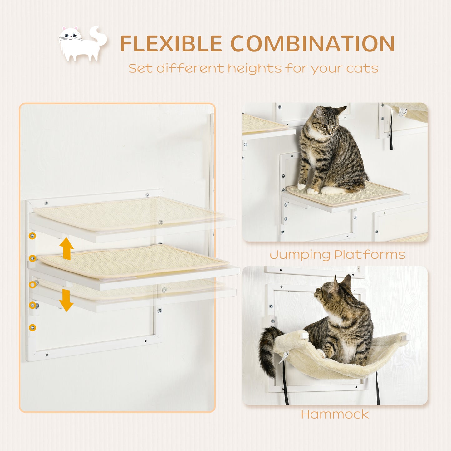 PawHut Cat Shelves for Indoor Cats, 6Pc Modern Cat Wall Furniture with Adjustable Height Jumping Platforms & Hammock, Cream White