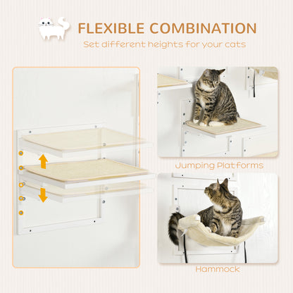 PawHut Cat Shelves for Indoor Cats, 6Pc Modern Cat Wall Furniture with Adjustable Height Jumping Platforms & Hammock, Cream White