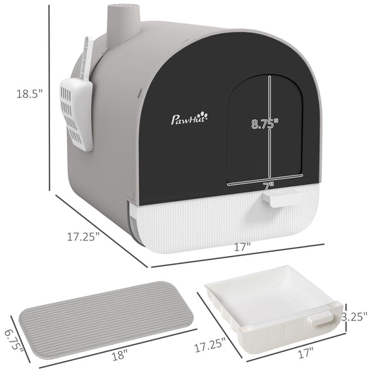PawHut Cat Litter Box with Lid with Scoop and Filter, Light Gray