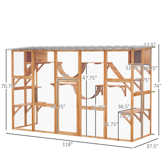 PawHut Catio Playground Cat Window Box Outside Enclosure for Multiple Cats w/ Shelves & Bridges, Orange
