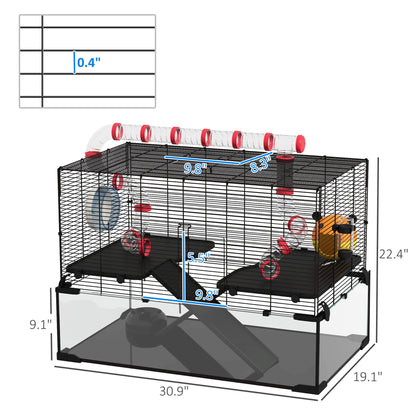 PawHut 31" Hamster Cage with Tube and Tunnel, Deep Glass Bottom