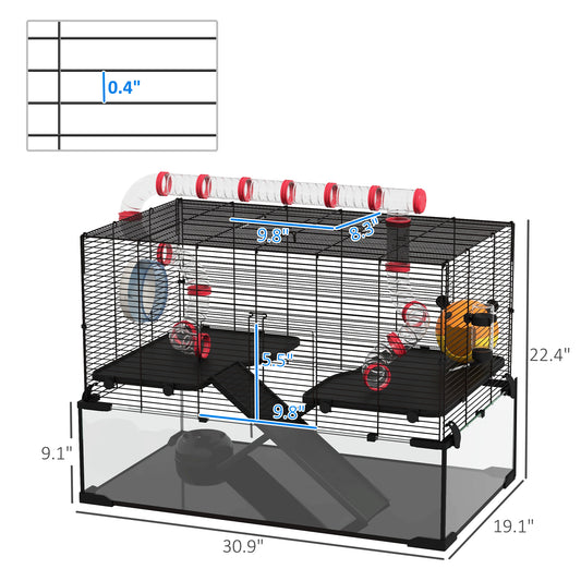 PawHut 31" Hamster Cage with Tube and Tunnel, Deep Glass Bottom