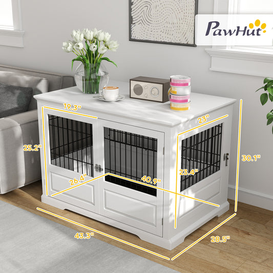 PawHut 43" Dog Crate Furniture with 3 Doors, Removable Tray, for Extra Large Medium Small Dogs, Indoor Use, White