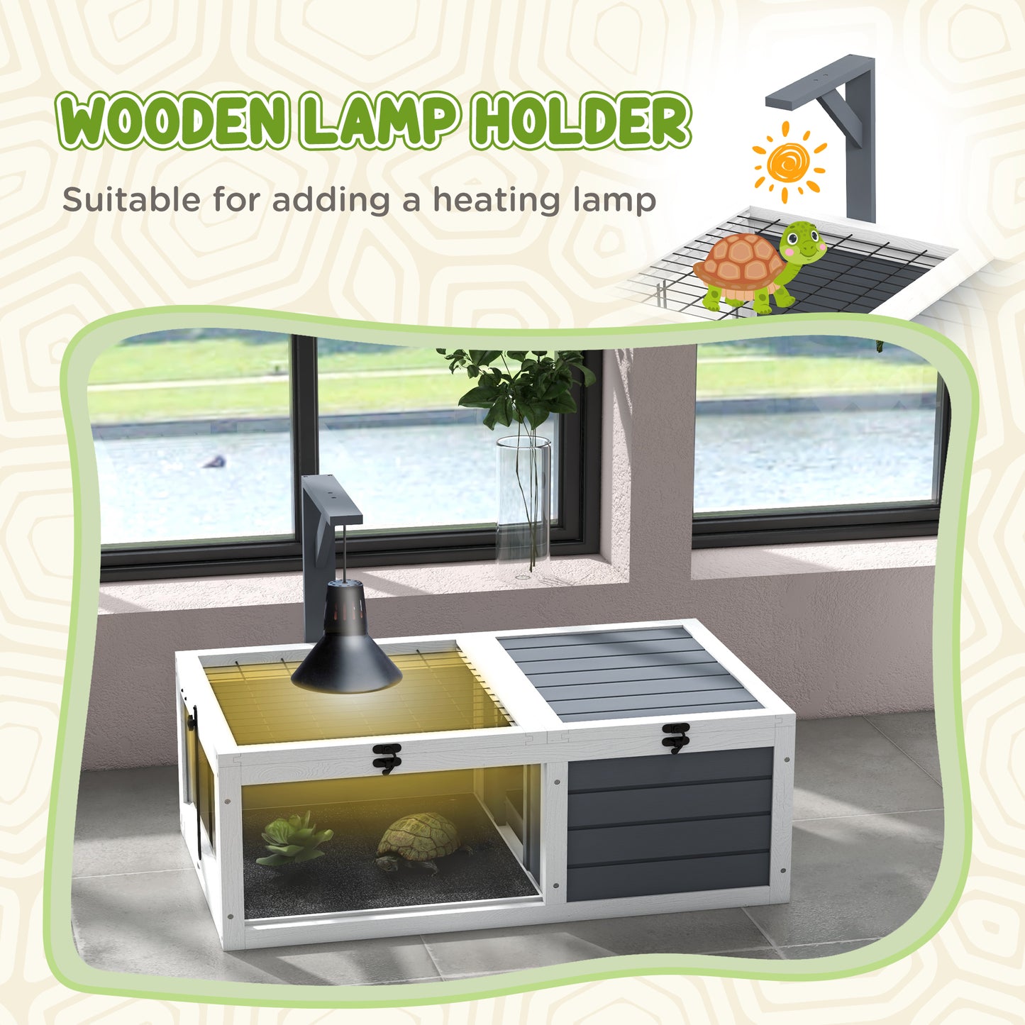 PawHut Tortoise Habitat, Wooden Tortoise House w/ Lamp Holder, Gray