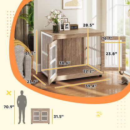 PawHut 39" Dog Crate Furniture with 2 Doors, Adjustable Non-slip Foot Mats, for Large Dogs, Walnut Brown