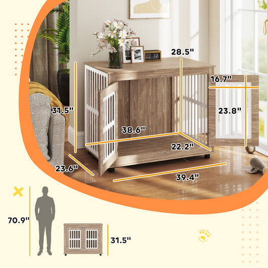 PawHut 39" Dog Crate Furniture with 2 Doors, Adjustable Non-slip Foot Mats, for Large Dogs, Walnut Brown