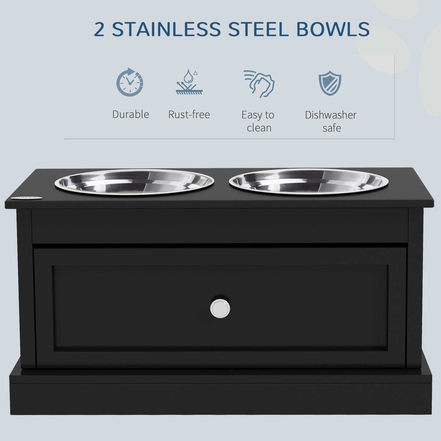 PawHut Elevated Dog Bowls with Storage Drawer, Raised Dog Bowl Stand Pet Food Bowl Dog Feeding Station, Black