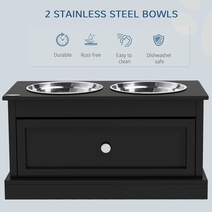 PawHut Elevated Dog Bowls with Storage Drawer, Raised Dog Bowl Stand Pet Food Bowl Dog Feeding Station, Black
