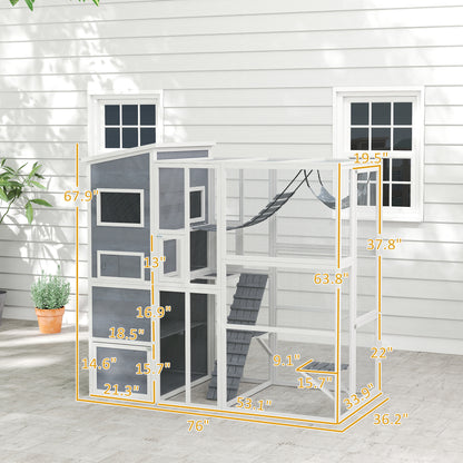 PawHut Large Wooden Catio Outdoor, Cat Enclosure w/ 4 Tier Resting Rooms, 3 Platforms, 1 Soft Ladder, 2 Ramps, 1 Hammock, Gray