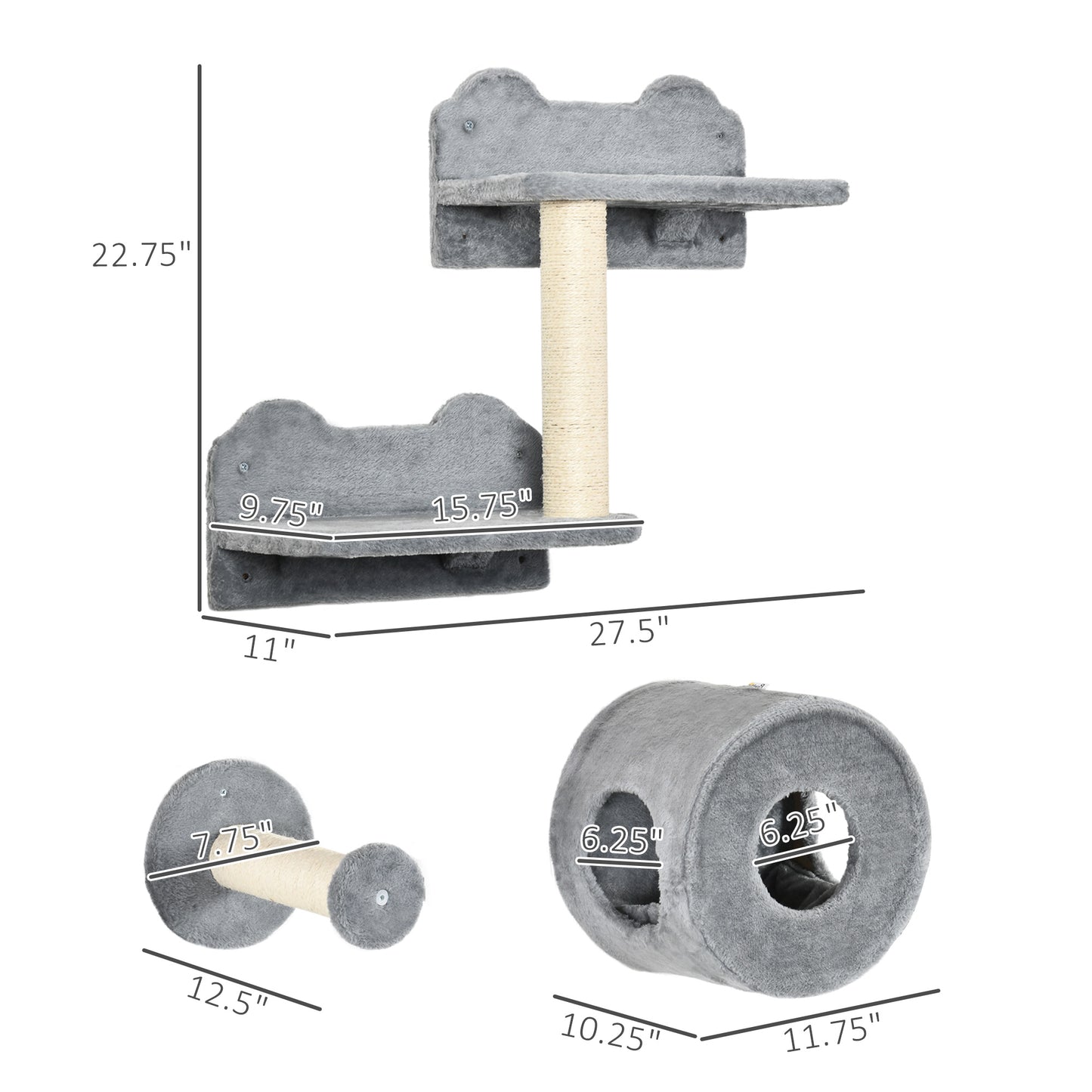 PawHut 5PCs Cat Wall Shelves, Pet Wall-mounted Climbing Shelf Set, Kitten Activity Center with Condo, Cushion, Scratching Post, Jumping Platform, Gray