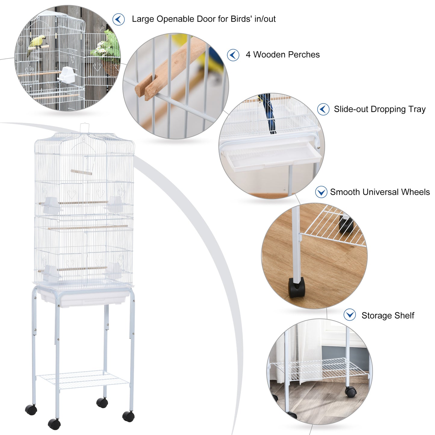 PawHut 60" Metal Indoor Bird Cage Starter Kit with Detachable Rolling Stand, Storage Basket, and Accessories, White