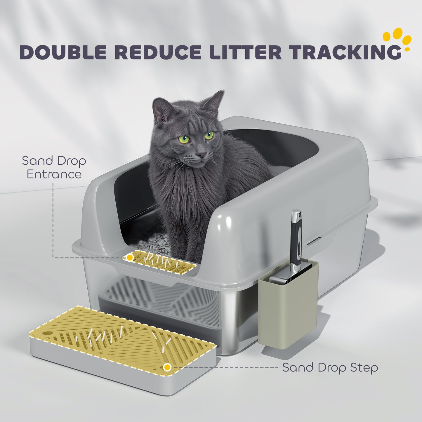 PawHut High Sided Stainless Steel Litter Box with Metal Scoop & Scoop Holder, for Easy Clean& Anti-Urine Leakage, Light Gray