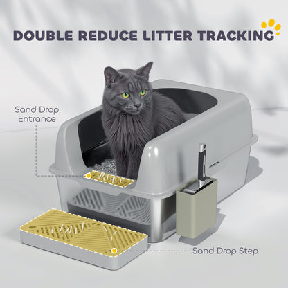 PawHut High Sided Stainless Steel Litter Box with Metal Scoop & Scoop Holder, for Easy Clean& Anti-Urine Leakage, Light Gray