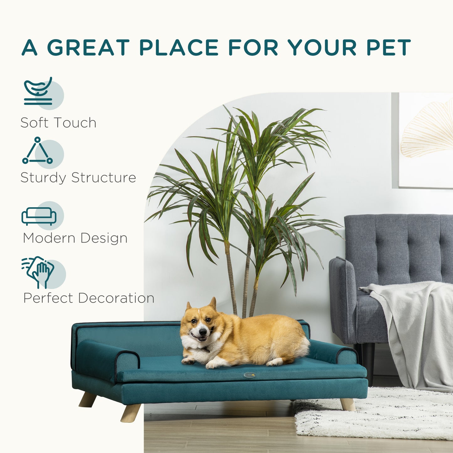 PawHut Large Dog Couch for a Fancy Dog Bed, Elevated Dog Sofa Bed with Washable Cover, Wooden Legs, Teal