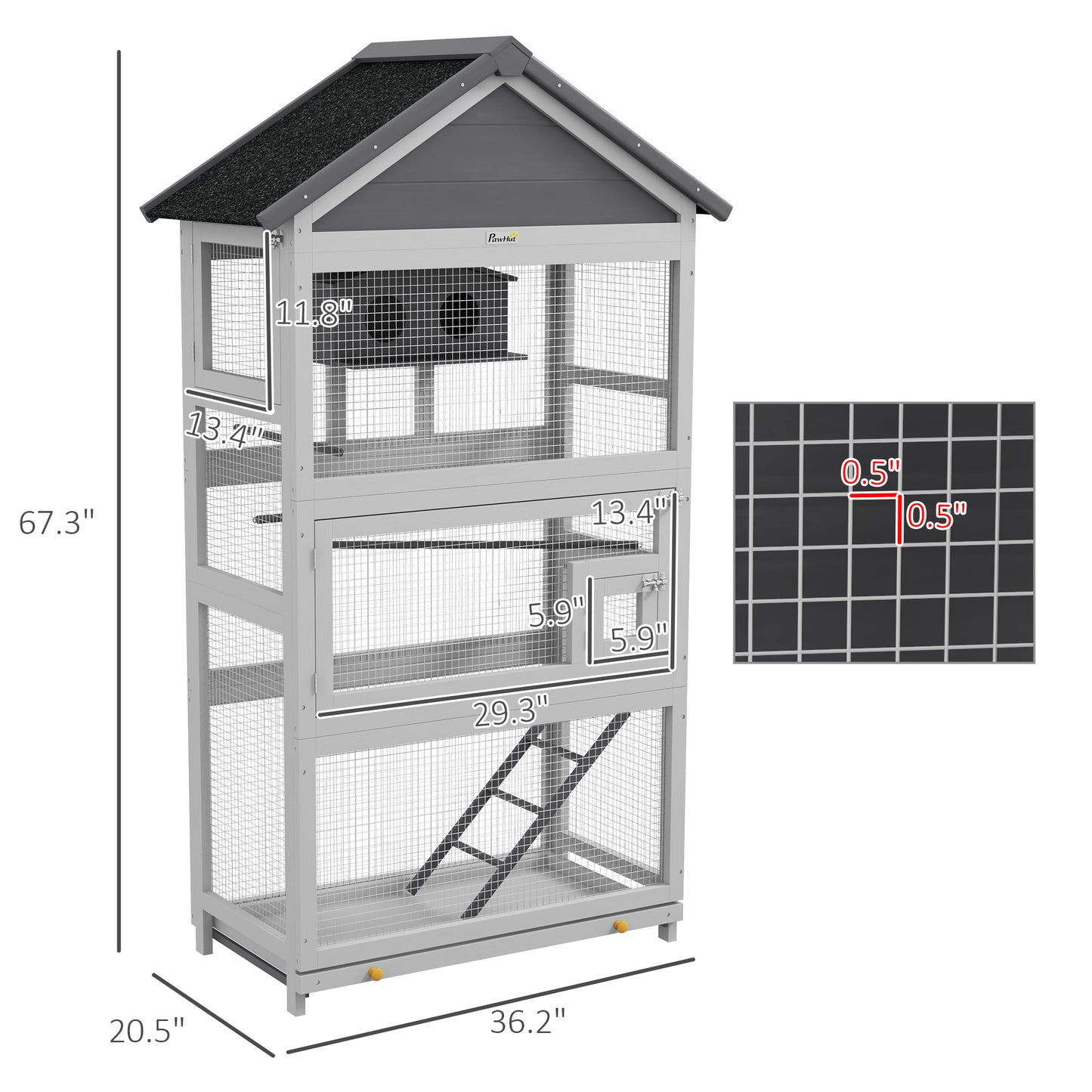 PawHut Wooden Bird Aviary with Slide-Out Tray, Birdhouse, Ladder, Perches for Finches, Parakeets, Gray