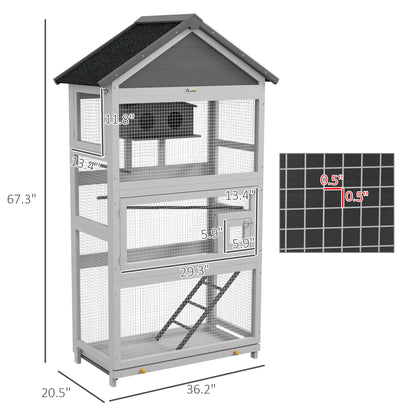 PawHut Wooden Bird Aviary with Slide-Out Tray, Birdhouse, Ladder, Perches for Finches, Parakeets, Gray