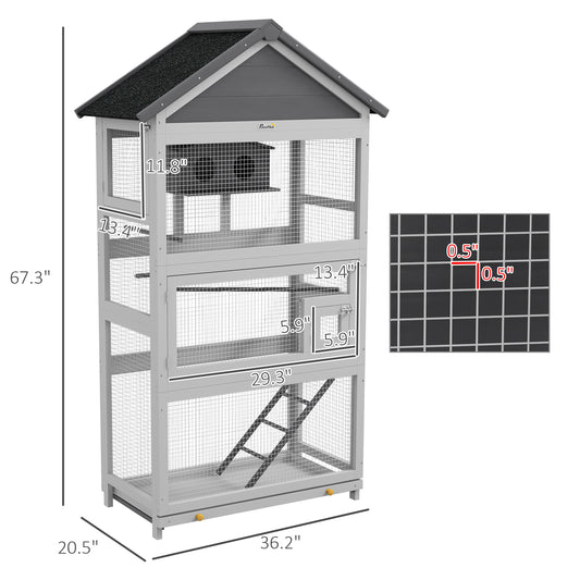 PawHut Wooden Bird Aviary with Slide-Out Tray, Birdhouse, Ladder, Perches for Finches, Parakeets, Gray