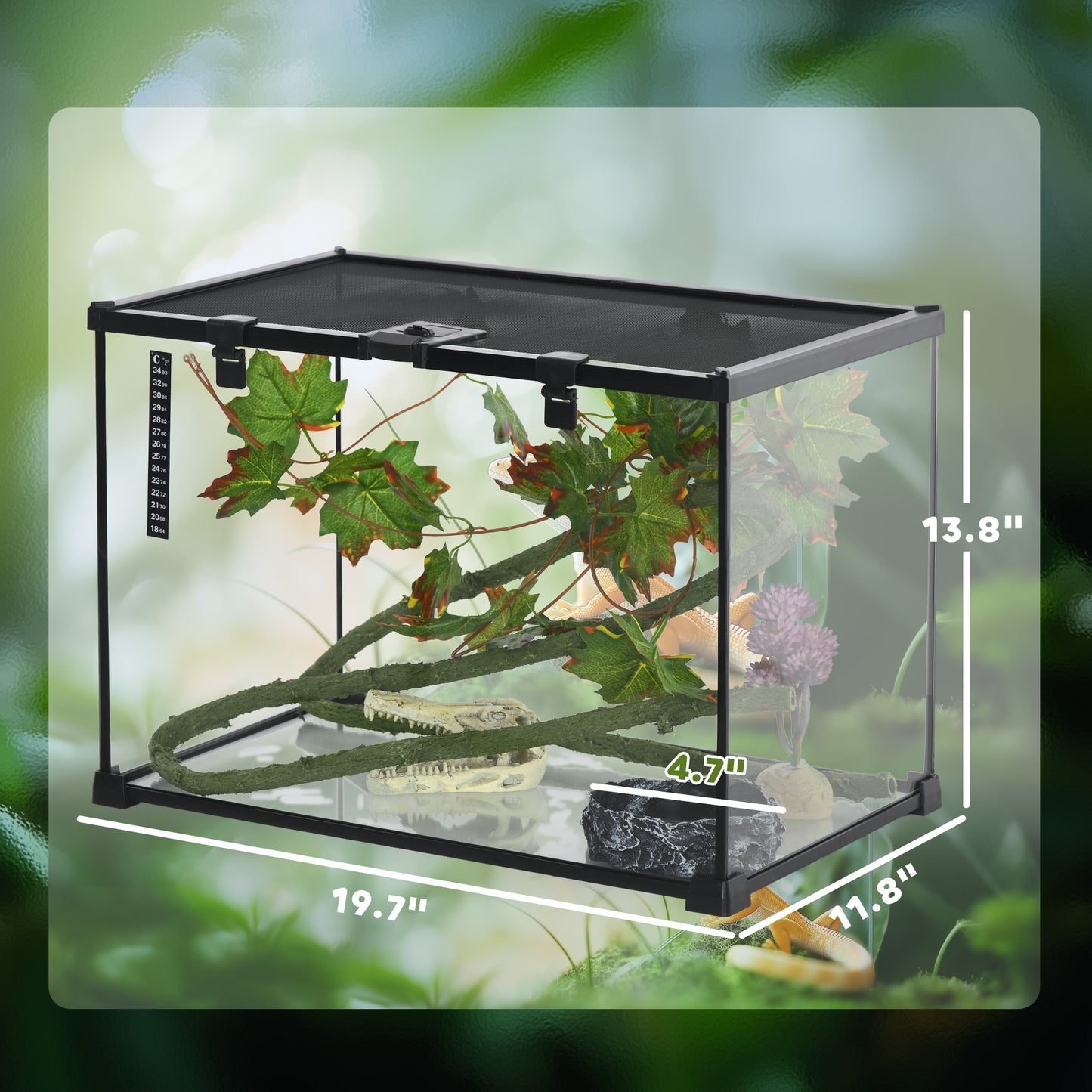 PawHut 14 Gallon Glass Reptile Terrarium Tank, Box Full View with Sliding Screen Top, 20" x 12" x 14", Black