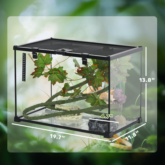 PawHut 14 Gallon Glass Reptile Terrarium Tank, Box Full View with Sliding Screen Top, 20" x 12" x 14", Black