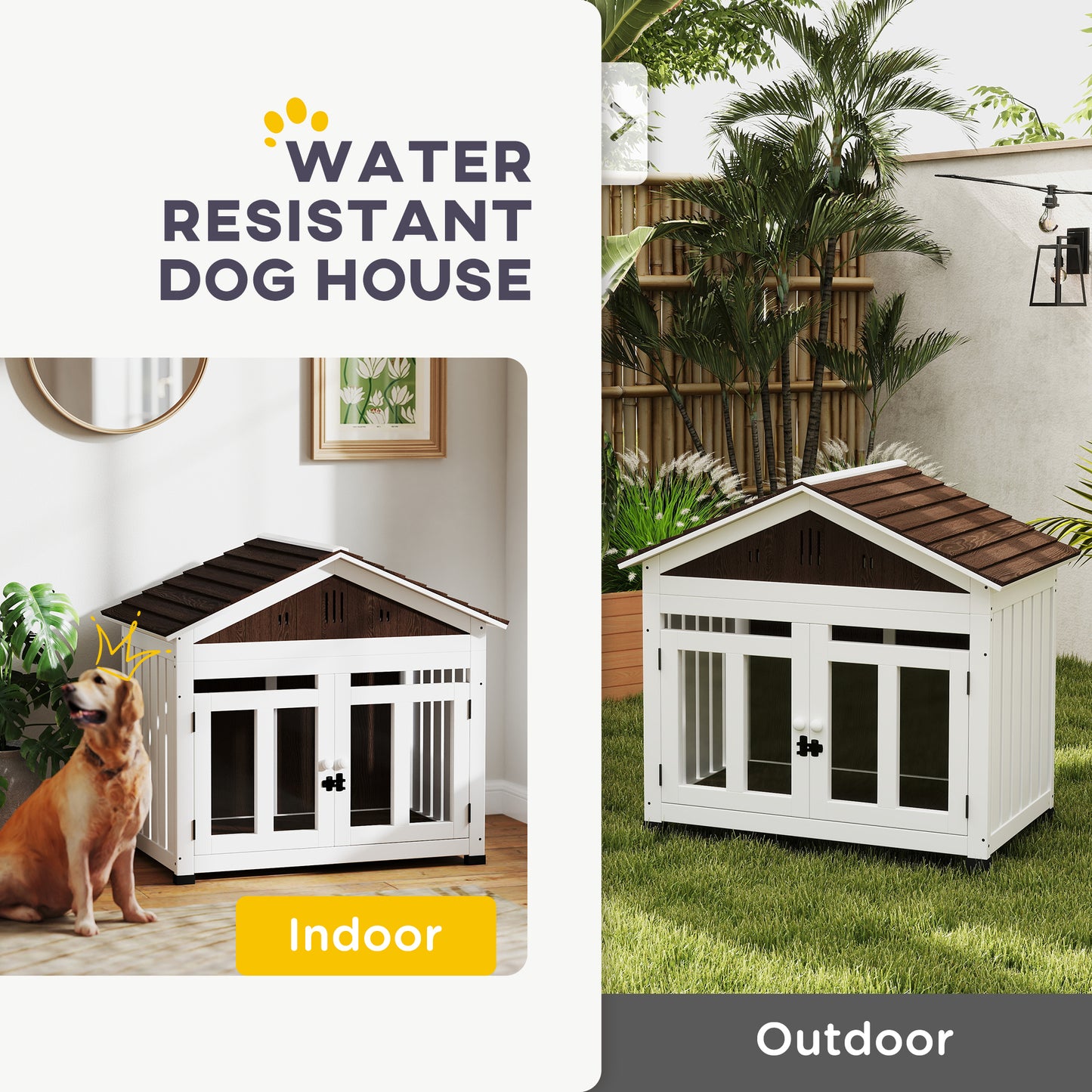 PawHut 40"L Wooden Dog House Outdoor Indoor for Small, Medium, Large Dogs, with Air Vents & Elevated Removable Floor