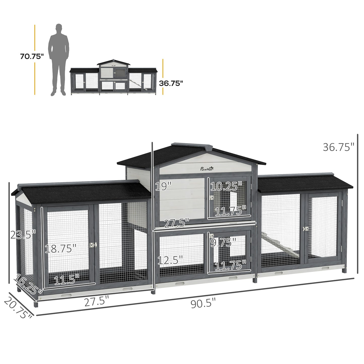PawHut 90.5" Wooden Rabbit Hutch Bunny Cage Pet Playpen House Enclosure with Double Side Run Boxes, No Leak Tray, Ramp, for Rabbits, Chickens, Ducks, Guinea Pig and Small Animals, Light Gray