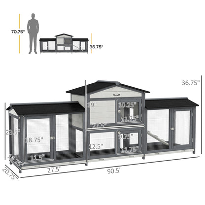 PawHut 90.5" Wooden Rabbit Hutch Bunny Cage Pet Playpen House Enclosure with Double Side Run Boxes, No Leak Tray, Ramp, for Rabbits, Chickens, Ducks, Guinea Pig and Small Animals, Light Gray