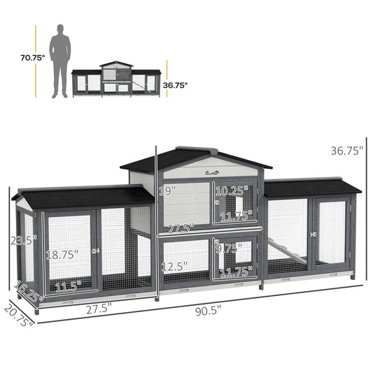 PawHut 90.5" Wooden Rabbit Hutch Bunny Cage Pet Playpen House Enclosure with Double Side Run Boxes, No Leak Tray, Ramp, for Rabbits, Chickens, Ducks, Guinea Pig and Small Animals, Light Gray