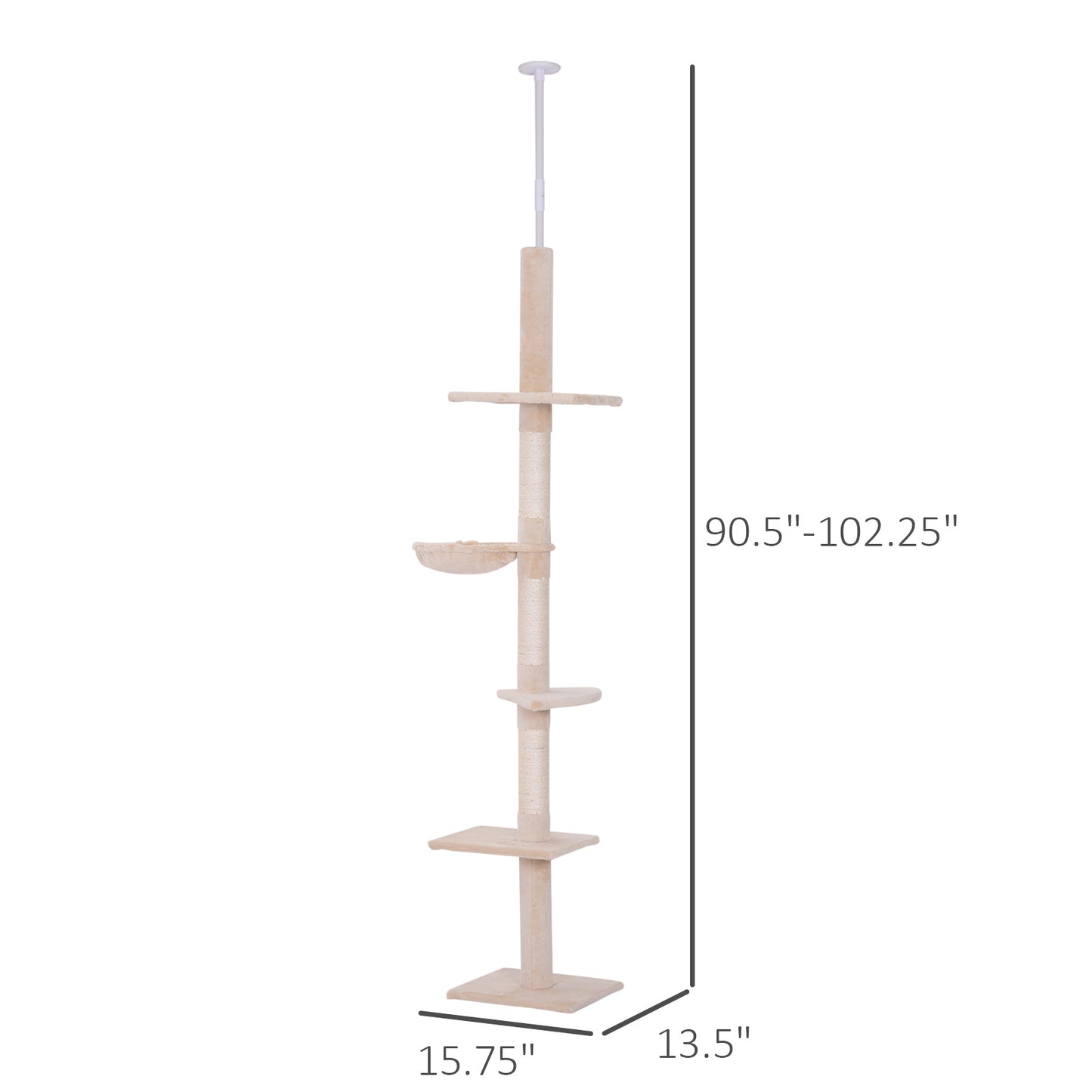 PawHut 8.5' Adjustable Height Floor-to-Ceiling Vertical Cat Tree, 5 Level Cat Climbing Tower, Beige
