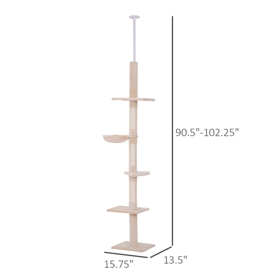 PawHut 8.5' Adjustable Height Floor-to-Ceiling Vertical Cat Tree, 5 Level Cat Climbing Tower, Beige