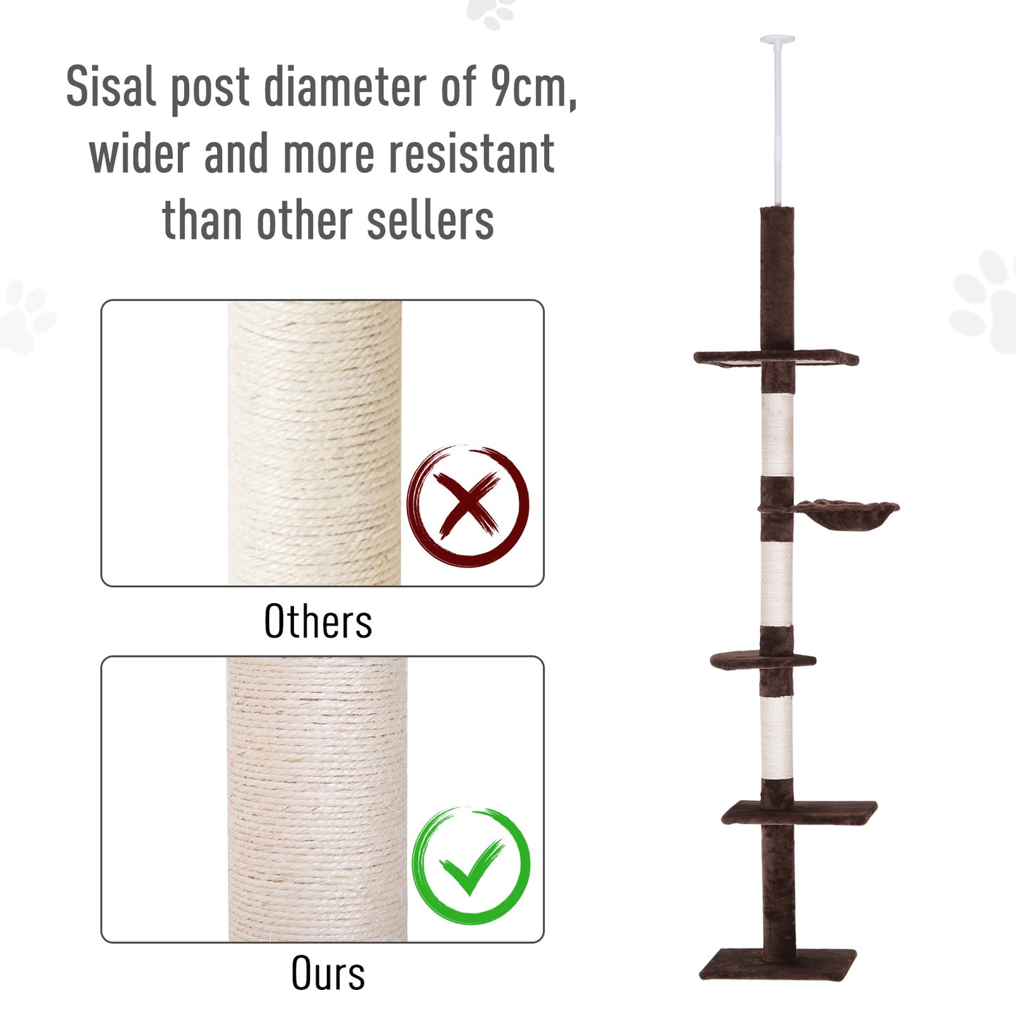 PawHut 8.5' Adjustable Height Floor-to-Ceiling Vertical Cat Tree, 5 Level Cat Climbing Tower, Brown