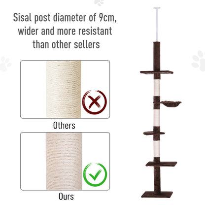 PawHut 8.5' Adjustable Height Floor-to-Ceiling Vertical Cat Tree, 5 Level Cat Climbing Tower, Brown