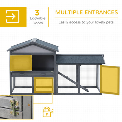 PawHut 58" Large Rabbit Hutch Outdoor Indoor, Wooden Bunny Hutch, Guinea Pig Cage with Run, Removable Tray, Asphalt Roof, Lockable Doors and Ramp, for 1-2 Small Rabbits, Chickens, Ducks, Dark Gray