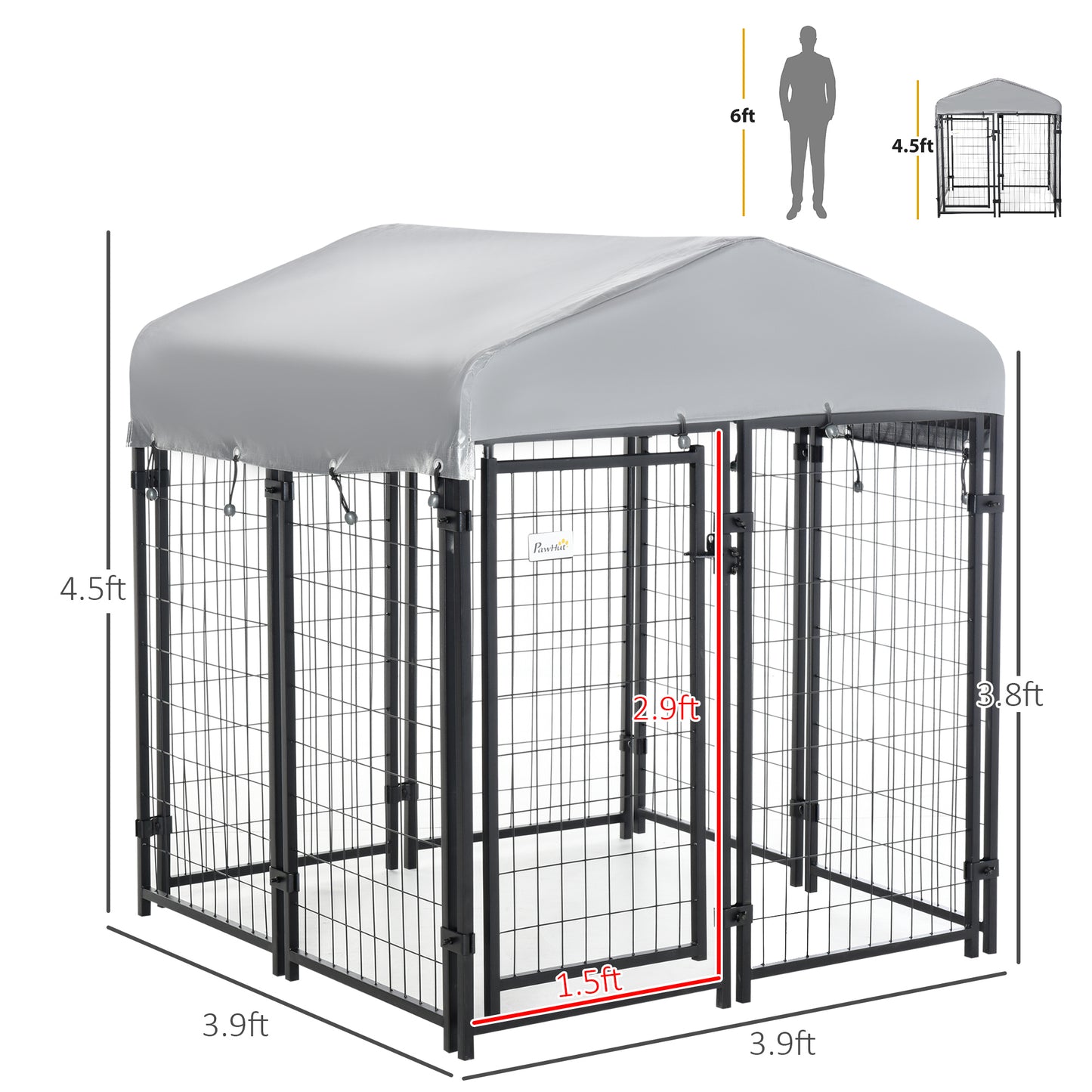 PawHut Outdoor Dog Kennel with Roof, 4' x 4' x 4.5' Heavy Duty Welded Wire Dog Playpen Enclosure with Escape-proof Lock, UV-Resistant & Waterproof Cover, for Medium Dogs, Chickens, Ducks, Silver
