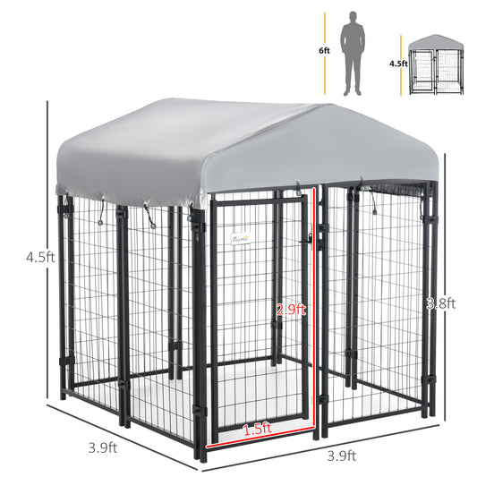 PawHut Outdoor Dog Kennel with Roof, 4' x 4' x 4.5' Heavy Duty Welded Wire Dog Playpen Enclosure with Escape-proof Lock, UV-Resistant & Waterproof Cover, for Medium Dogs, Chickens, Ducks, Silver