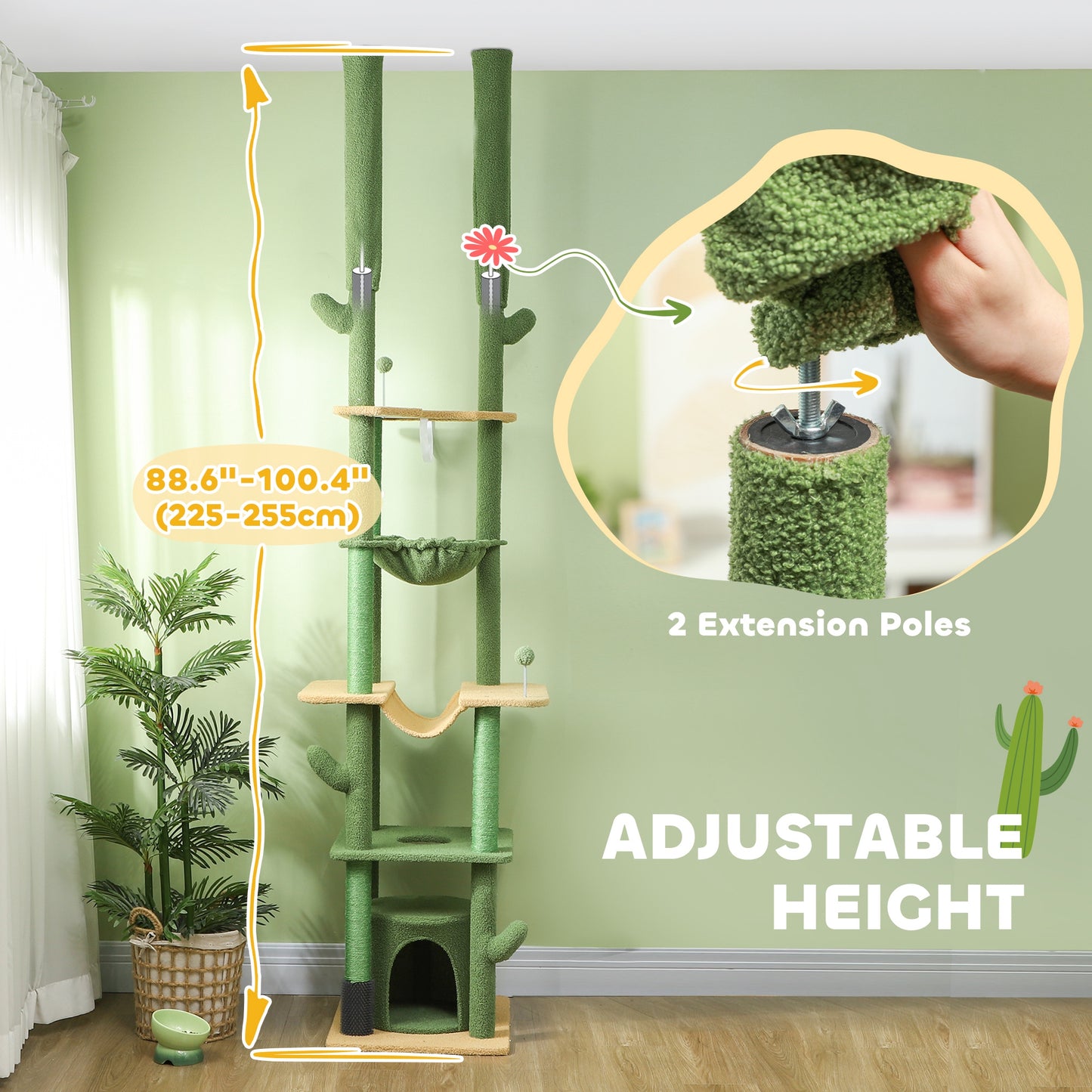 PawHut 89"-100" Floor to Ceiling Cat Tree, Cat Climbing Tower with Grooming Brush Post, Cat Condo, Hammock, Green
