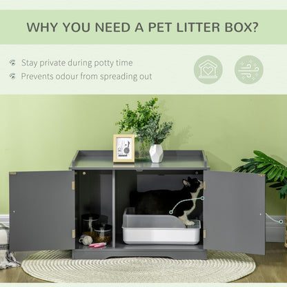PawHut Wide & Large Cat Litter Box Furniture Hidden Farmhouse Table with Magnetic Doors, Big Covered Kitty Litter Box Enclosure Cabinet with Shelves, Pet Furniture Cat Gift Side Table, Gray