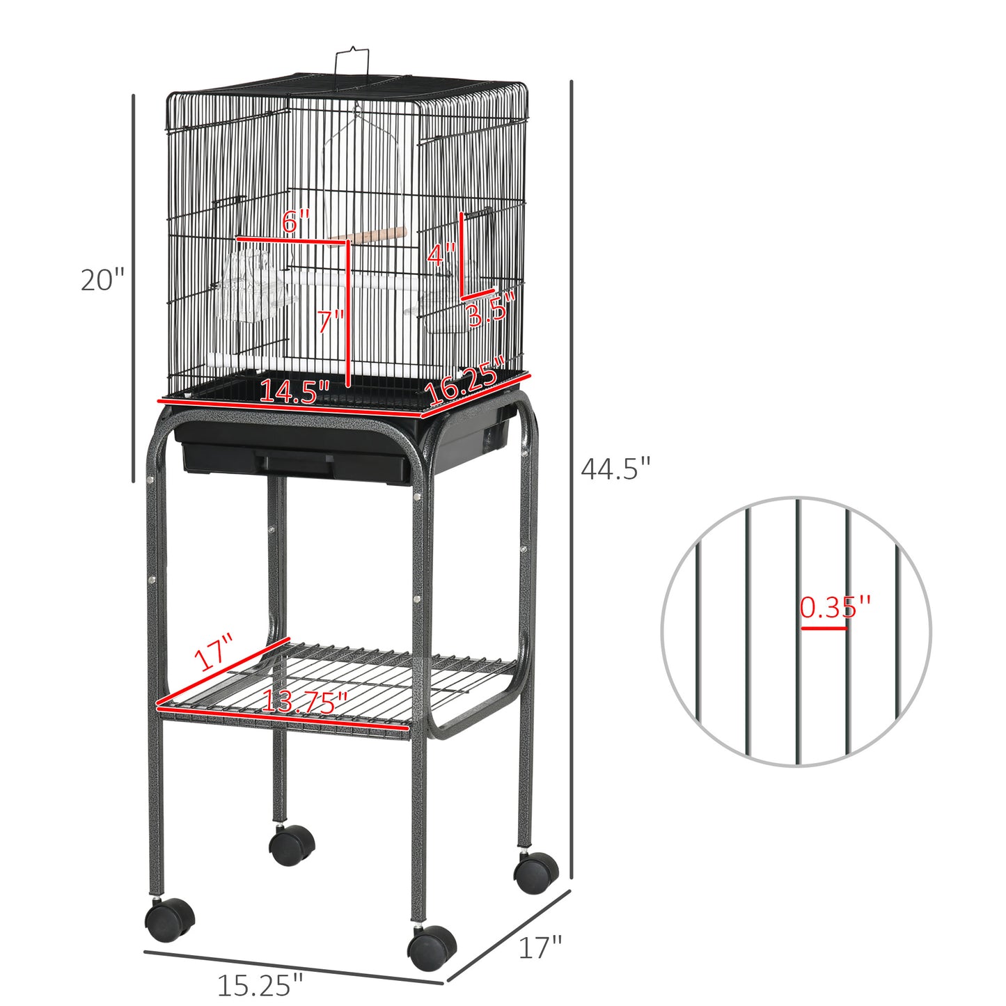 Pawhut 45-inch Metal Indoor Bird Cage, Parrot Cage, Bird Aviary with Detachable Rolling Stand, Storage Basket, and Accessories - Black