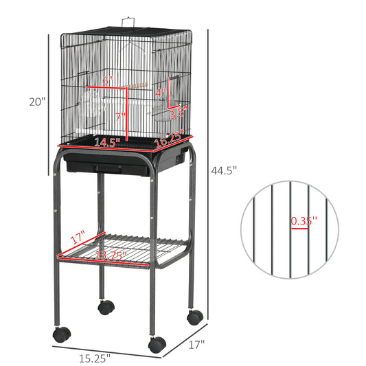 Pawhut 45-inch Metal Indoor Bird Cage, Parrot Cage, Bird Aviary with Detachable Rolling Stand, Storage Basket, and Accessories - Black