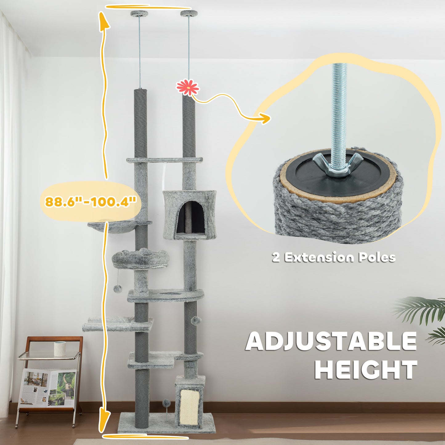 PawHut 89"-100" Floor to Ceiling Cat Tree for Indoor Cats, Activity Center with Cat Perch & Condo, Gray