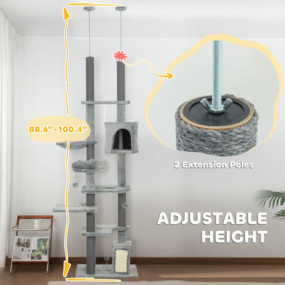 PawHut 89"-100" Floor to Ceiling Cat Tree for Indoor Cats, Activity Center with Cat Perch & Condo, Gray