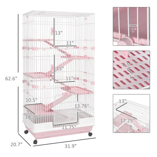 PawHut 32"L 6-Level Small Animal Cage Rabbit Hutch with Universal Lockable Wheels, Slide-out Tray for Bunny, Chinchillas, Ferret, Pink