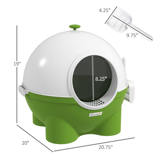 PawHut Hooded Cat Litter Box with Lid, Scoop, Leaking Sand Pedal, Top Handle, Dark Green