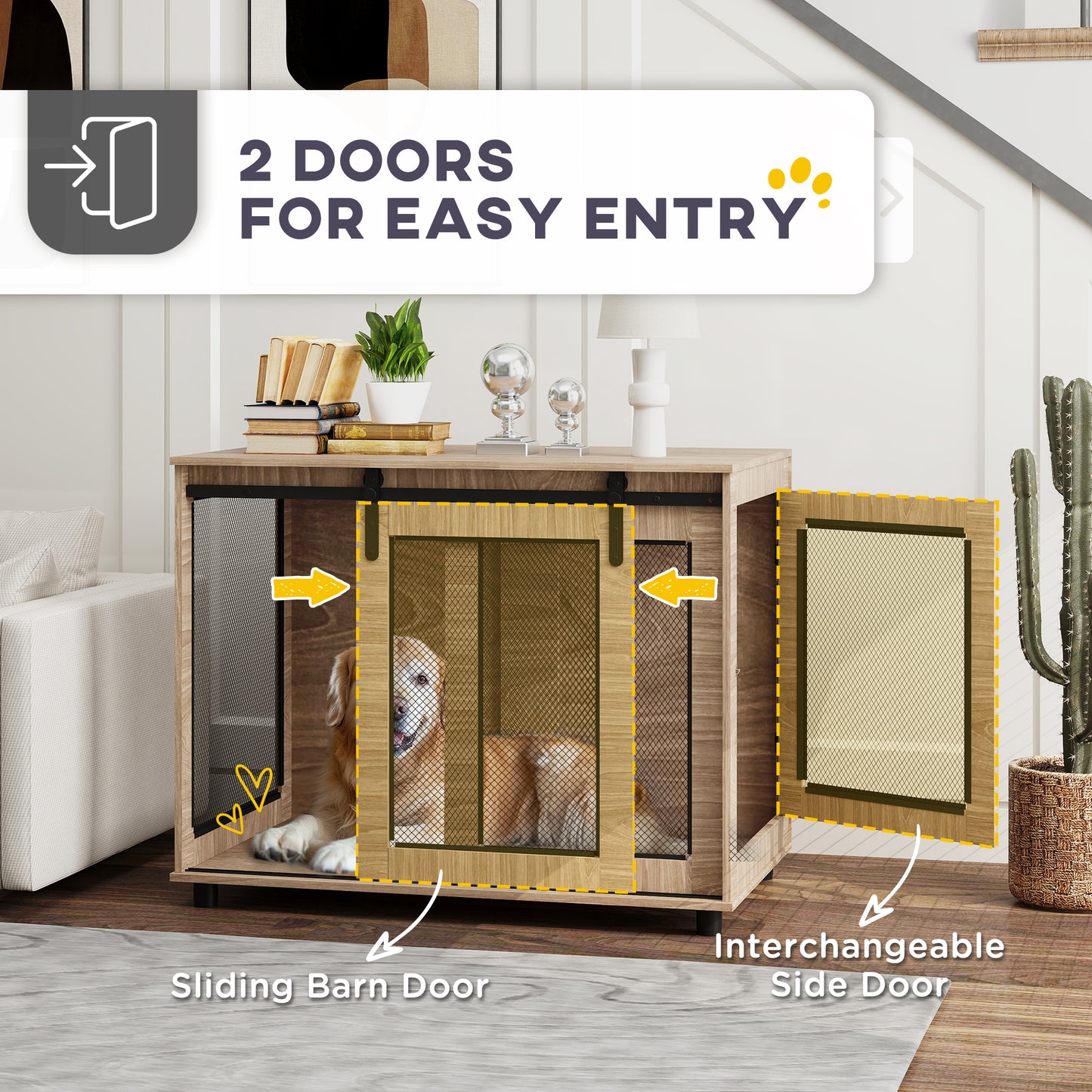 PawHut 39" Dog Crate Furniture, Dog Kennel Furniture End Table with Sliding Barn Door for Large Dogs, Walnut Brown