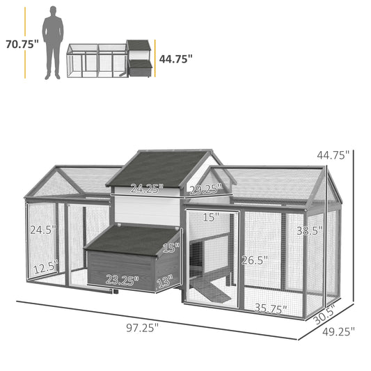 PawHut 100" Chicken Coop Poultry Cage with Double Run, Nesting Box, Gray